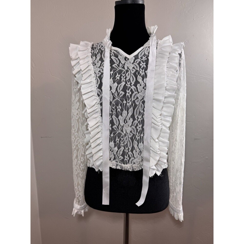 New Look Womens XS Cameo Rose White Lace Ruffle Blouse Victorian Edwardian Tie